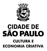 Logo da Secretaria de cultura: Na parte superior apresenta o brasão da cidade de são paulo, abaixo está o nome CIDADE DE SÃO PAULO e na parte inferior CULTURA E ECONOMIA CRIATIVA