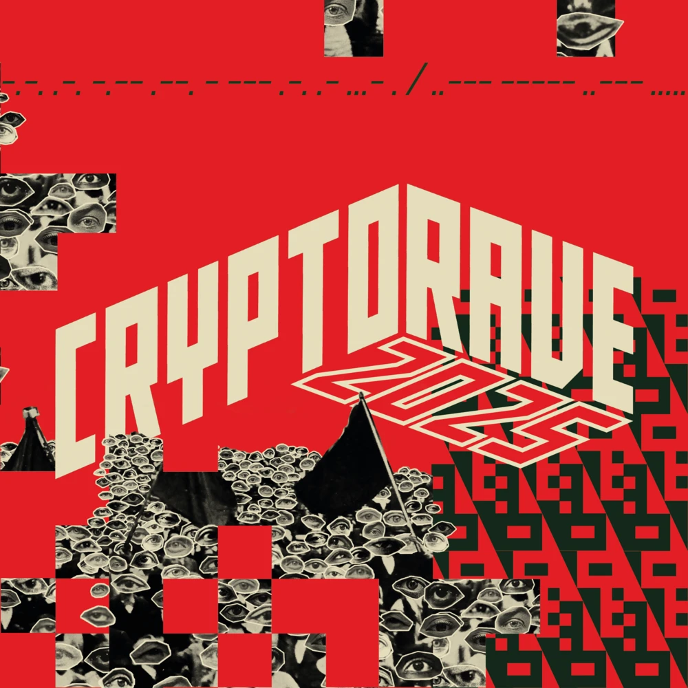 CryptoRave 2025 logo: the word 'Cryptorave' written at the top with a drawing of a key over the letter 'O'. On the right side a sequence of zeros and ones. Below the word 'Cryptorave' is an eye with leaves coming out of the back. The entire logo is in lime green.